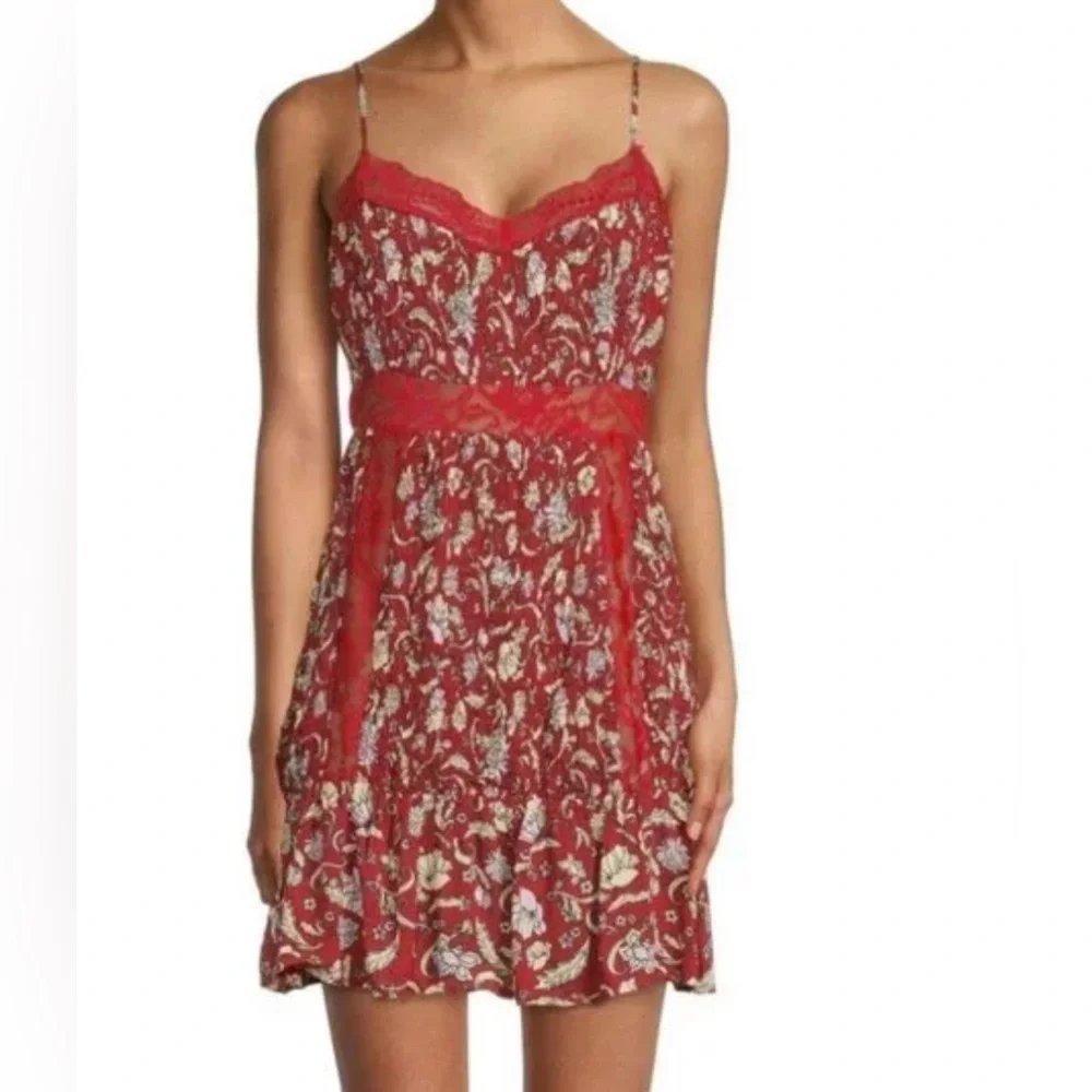 NWT FP intimately feee people cherry combo lace trim slip nightie mini Dress M